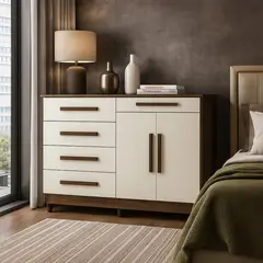 MUEBLES 2020 - Cómoda Ginesta en Mdp 5 Cajones 2 Puertas color Marrón/Blanco 122X96,5X47 cm para Habitación