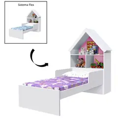 MUEBLES 2020 - Cama Infantil Ariel Blanca/Rosada con Cabecero Casita y Estantes 224x108x160 cm en MDP/MDF