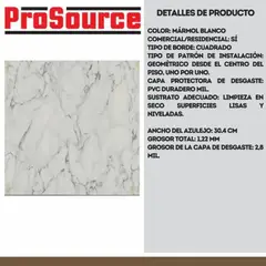 PROSOURCE - Baldosa 30 Centímetros con Acabado Mármol Blanco Sin Cera