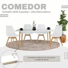 EKONOMODO COLOMBIA - Comedor White 4 Puestos 120X73X60 + Silla Milano 83X46,5X38 Blanca