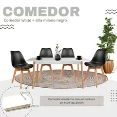 EKONOMODO COLOMBIA - Comedor White 4 Puestos 120X73X60 + Silla Milano 83X46,5X38 Negro