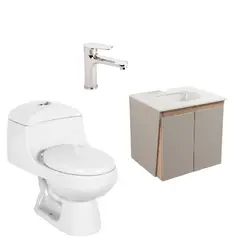 CORONA - Combo de Baño Montecarlo: Sanitario Montecarlo Redondo Blanco De Una Sola Pieza + Mueble Elevado Cascade Vital 60 Cm Con Lavamanos + Grifería Greta Monocontrol Media