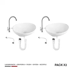 CCOL - Combo Packx2 Lavamanos Ovalado+Griferia Acero Inox+Push+Sifon+Acople