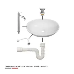 CCOL - Combo Lavamanos Ovalado +Griferia Agua Fria Acero Inox + Push + Sifon Flexible +Acople