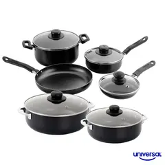 UNIVERSAL - Batería de Cocina 7 Piezas Aluminio fundido Negra + Caldero 24-20cm