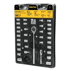 PRETUL - Juego de Copas Puntas y Ratchet 39 Piezas 1/4 Pulgadas y 3/8 Pulgadas