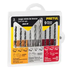PRETUL - Juego de Brocas 9 Piezas Acero Rápido Concreto y Madera