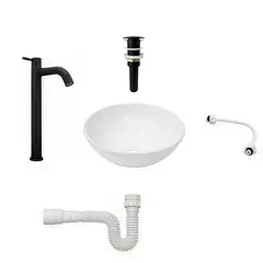 CCOL - Combo Lavamanos Redondo + Grifería Agua Fria Negra + Push Negro + Sifón + Acople
