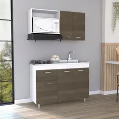 undefined - Cocina Integral Rossi 1.20 Metros Olivo Incluye Mesón Poceta Derecha En Acero Inoxidable Con 2 Fogones A Gas, Locero Y Portavasos. RH Resistente a la humedad Just Home Collection