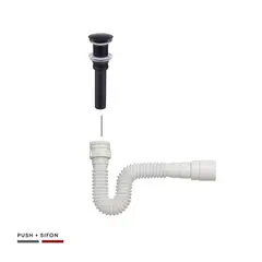 CCOL - Push Tipo Hongo Negro Mate Acero + Sifon Flexible Blanco Pvc