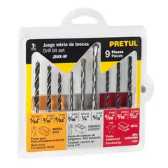 PRETUL - Juego de Brocas 9 Piezas Acero Rápido Concreto y Madera