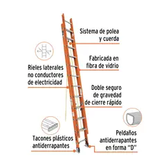 TRUPER - Escalera 6.4 m 24 P de Extensión Fibra Vidrio Antiderrapante 175 kg