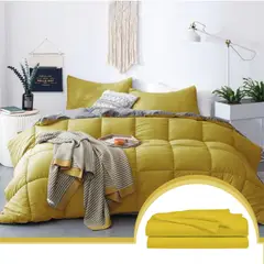 MY HOME STORE - Combo Edredón Bicolor Mostaza / Gris Claro + Set Sábanas Unicolor Sencillo S