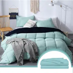 MY HOME STORE - Combo Edredón Bicolor Aguamarina / Azul Oscuro + Set Sábanas Unicolor Sencillo S