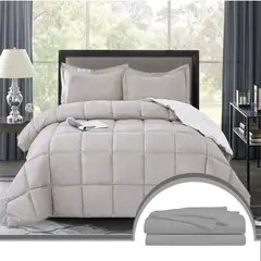 MY HOME STORE - Combo Edredón Bicolor Gris Claro / Blanco + Set Sabanas Unicolor Sencillo S