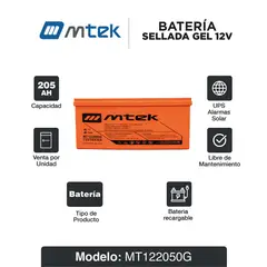 MTEK - Batería Sellada Vrla Gel 12V 205Ah