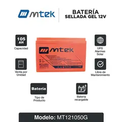 MTEK - Batería Sellada Vrla Gel 12V 105Ah