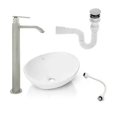 GRIFOS CENTER - Kit Lavamanos Blanco+griferia Agua Fria Cromo+push y Acople