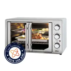 OSTER - Horno con Freidora de Aire y Recubrimiento Interno Antiadherente para una Fácil Limpieza, Extra grande con 42 Litros de Capacidad, con Puertas Estilo Francés, Color Plateado