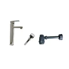 INKORPORAR - Combo Griferia Lavamanos Alta Cuadrada + Desague Sin Rebose + Sifon Botella