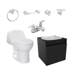 CORONA - Combo Montecarlo: Sanitario Montecarlo Advance Redondo Blanco De Una Sola Pieza + Mueble Con Lavamanos De Sobreponer Cascade + Grifería Nogal 4 Pulgadas + Kit Accesorios Nogal 4 Piezas