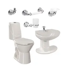 CORONA - Combo Happy : Sanitario happy Redondo Bone de 2 piezas + Lavamanos happy con semi pestal happy + Griferia Balta cruceta + Accesorios cromados Happy 4 piezas