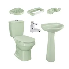 CORONA - Combo Laguna : Sanitario Laguna Redondo verde de 2 piezas + Lavamnos Milano con pedestal + Griferia Lavamos Balta + Accesorios Ceramico Astro 3 piezas