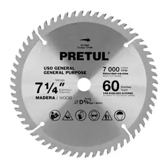 PRETUL - Disco Sierra Madera de 7.1/4'' Centro 5/8'' 60 Dientes