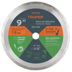 TRUPER - Disco de Diamante Rin Continuo de 9'' Centro 7/8''