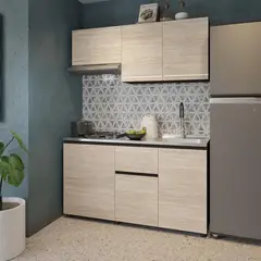 SOCODA - Cocina Integral Oslo 1.50 Metros Arena Incluye Mesón Poceta Derecha con 4 Fogones a Gas