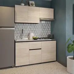 SOCODA - Cocina Integral Oslo 1.50 Metros Arena Incluye Mesón Poceta Izquierda En Acero Inoxidable Con 4 Fogones A Gas