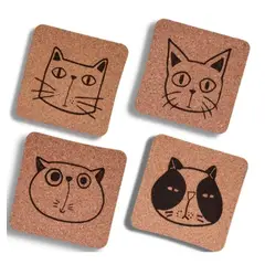 AGLOMERADOS Y TAPONES - Portavasos de Corcho Cat Faces (set x4 Puestos)