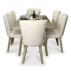 ELITE LIVING - Comedor Regina 6 Puestos Champaña/Champaña Microfibra Crudo Madera Roble Flor Morado