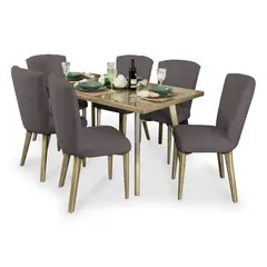 ELITE LIVING - Comedor Regina 6 Puestos Champaña/champaña Microfibra Taupe Madera Roble Flor Morado