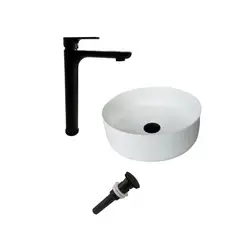 INKORPORAR - Combo Lavamanos Tomine Blanco + Grifería Element Alta Negra + Desague Negro