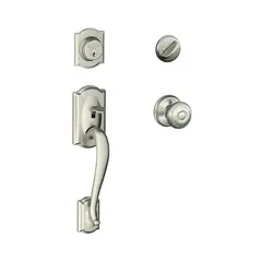 SCHLAGE - Juego de Manijas con Cerradura Camelot de Níquel Satinado y Diseño Redondo