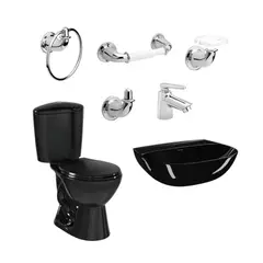 CORONA - Combo Manantial: Sanitario Mantial Pro Redondo Negro De 2 Piezas + Lavamanos Manantial Sin Pedestal + Grifería Nogal + Kit De Accesorios Cromados Valencia De 4 Piezas