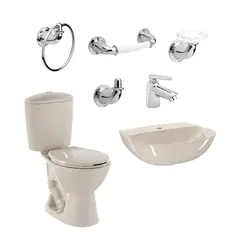 CORONA - Combo Manantial: Sanitario Mantial Pro Redondo Bone De 2 Piezas + Lavamanos Manantial Sin Pedestal + Grifería Nogal + Kit De Accesorios Cromados Valencia De 4