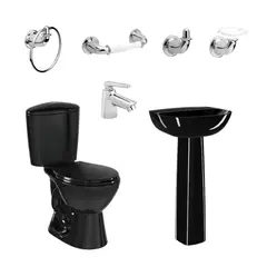 CORONA - Combo Manantial: Sanitario Manantial Redondo Negro De 2 Piezas + Lavamanos Manantial Con Pedestal + Grifería Nogal + Kit De Accesorios Cromados Valencia 4 Piezas