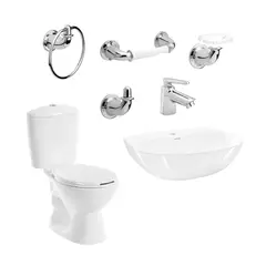 CORONA - Combo Manantial : Sanitario Manantial Redondo Blanco De 2 Piezas + Lavamanos Manantial Sin Pedestal + Grifería Nogal 4 Pulgadas + Kit Accesorios Nogal Cromados 4 Piezas