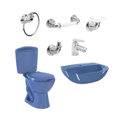 CORONA - Combo Manantial: Sanitario Manantial Redondo Azul De 2 Piezas + Lavamanos Manantial Sin Pedestal + Grifería Nogal + Kit De Accesorios Cromados Valencia 4 Piezas