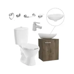 CORONA - Combo de Baño Manantial Pro: Sanitario dos piezas + Mueble de Baño con Lavamanos + Grifería Nogal + Accesorios