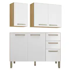 MUEBLES 2020 - Cocina Integral Gazania 120cm con 6 Puertas + 2 Cajones + mueble aéreo y bajo Maderado Natural/Blanco en MDP