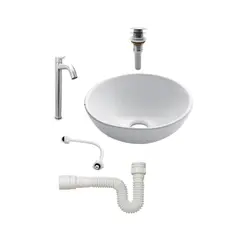 CCOL - Combo Lavamanos Sobreponer Redondo Blanco 32*14 Catleya + Griferia Agua Fria+ Push +sifon