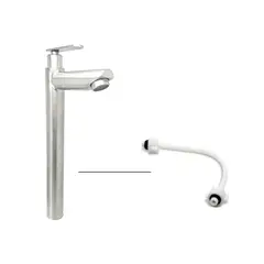 CCOL - Griferia Lavamanos Poste Alto Agua Fria Pico Recto Acero Inox 304 Satinado + Acople Pvc 1/2-1/2 40cm