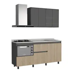 undefined - Cocina Integral 1.80 Metros Nori Plomo+rovere Incluye: Locero, portavaso, meson superficie solida, horno, pozuelo, campana peninsula, cubierta Just Home Collection