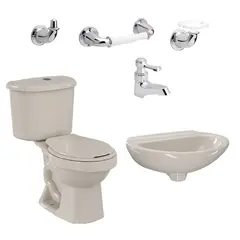 CORONA - Combo de Baño Bone: Sanitario dos piezas + Lavamanos + Grifería + Accesorios