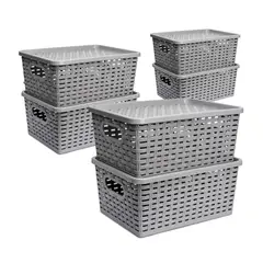 ENERGY PLUS - Set X6 Cajas Organizadoras con Tapa Canasta Gris