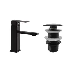 CCOL - Griferia Lavamanos Negro Baja Mezclador Pico Plano +push Tipo Hongo de Lujo Negro Sin Rebose