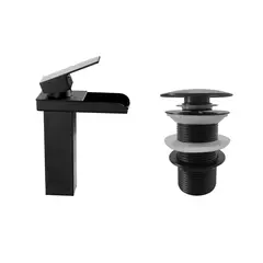 CCOL - Griferia Lavamanos Baja Mezclador Cascada Canal Negro+push Tipo Hongo Negro Sin Rebose